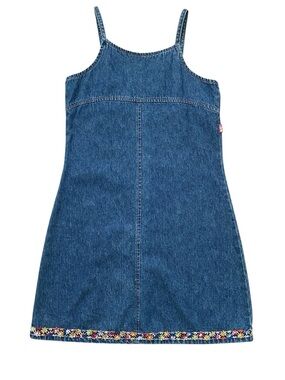 Vintage Esprit Kids Girl Strap Denim Mini Dress Embroidered Floral Hem Size 16